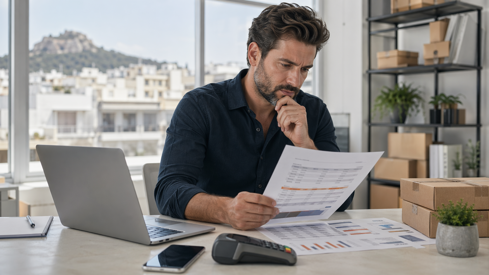 Greek e-commerce merchant comparing bank acquiring and PSP payment options on a laptop and printed fee sheets.