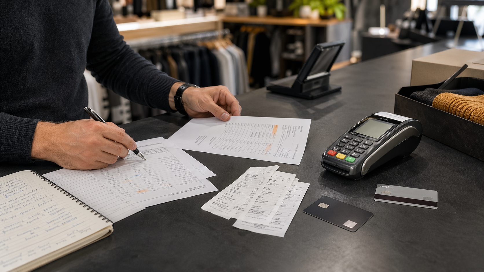 German merchant comparing domestic debit and international card costs beside a payment terminal and receipts.