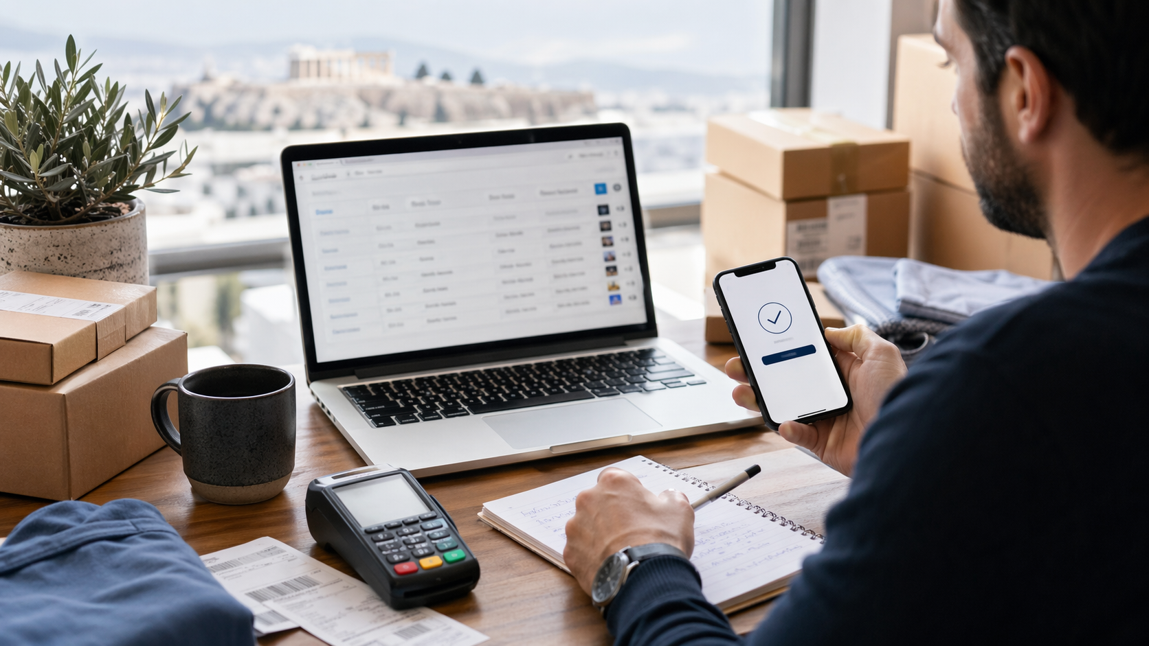 Greek merchant accepting contactless payments on a smartphone beside a laptop and digital receipts.